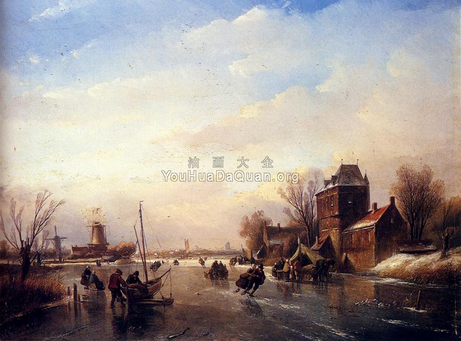 Skaters On A Frozen River - 扬·雅各布·柯恩拉德·施普勒